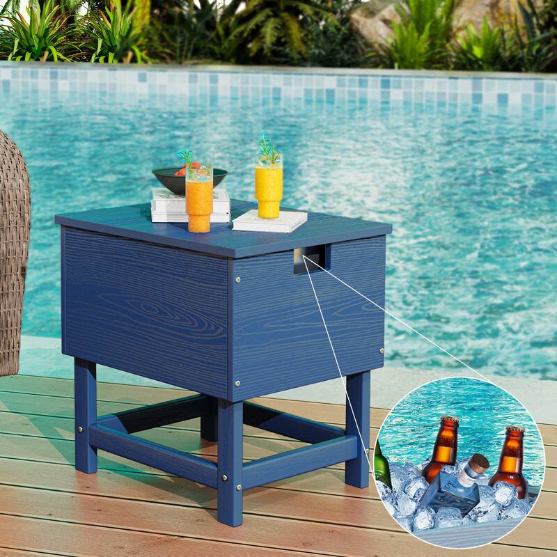 Outdoor Patio Weather Resistant HDPE Coffee & Side Table, Build-in Stainless Steel Cooler Bucket