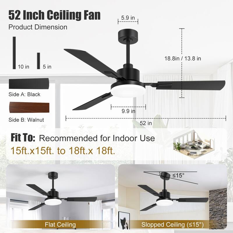 48/52/60-inch Modern Ceiling Fan with LED Light and Remote (3/5/6 Reversible Blades)