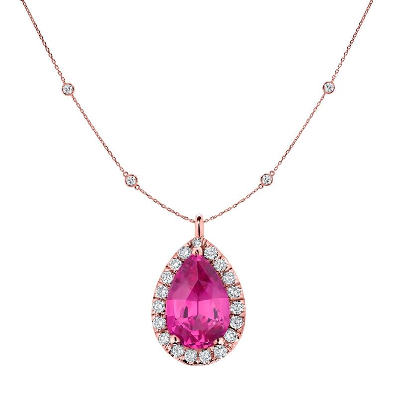 Auriya 14k Gold 1ct Pear-Cut Pink Sapphire and Halo Diamond Necklace - Rose