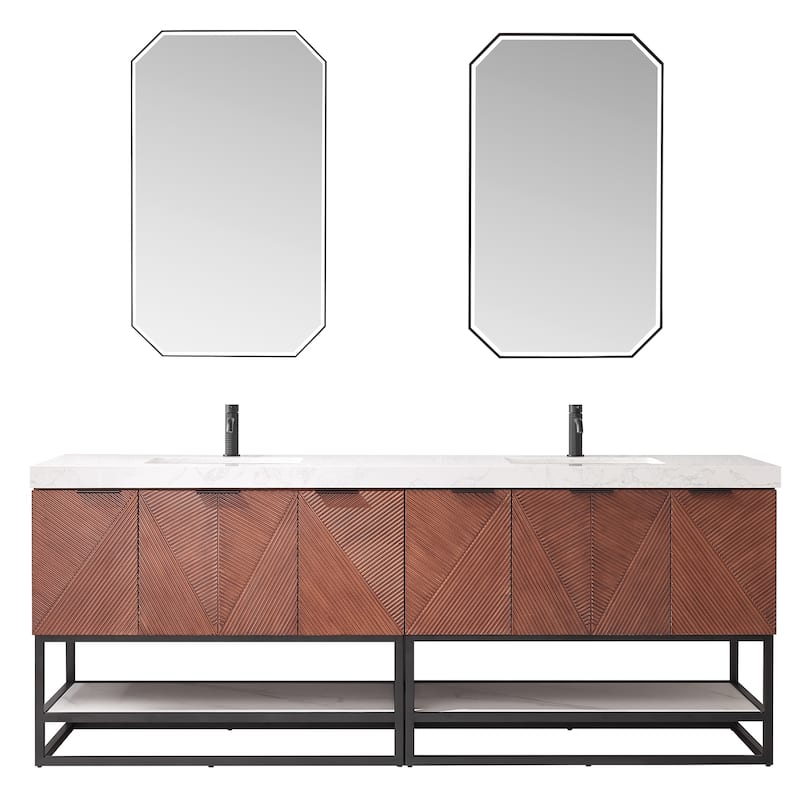 Mahon Double Bath Vanity with Composite Stone Top and Mirror - 84in. - Matte Black Base
