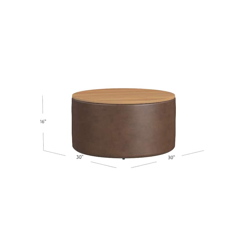 Mesy Storage Ottoman, 30 Inch Round Lift Tray Top, Brown Faux Leather