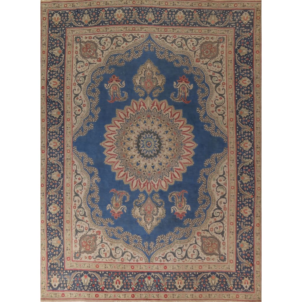 Blue Floral Tabriz Persian Vintage Area Rug Handmade Wool Carpet - 9'8"x 12'11"
