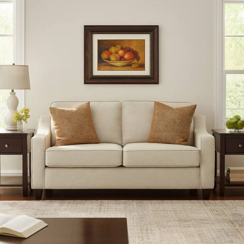 Leo 64 Inch Contemporary Loveseat with 2 Pillows, Chenille Fabric, Beige