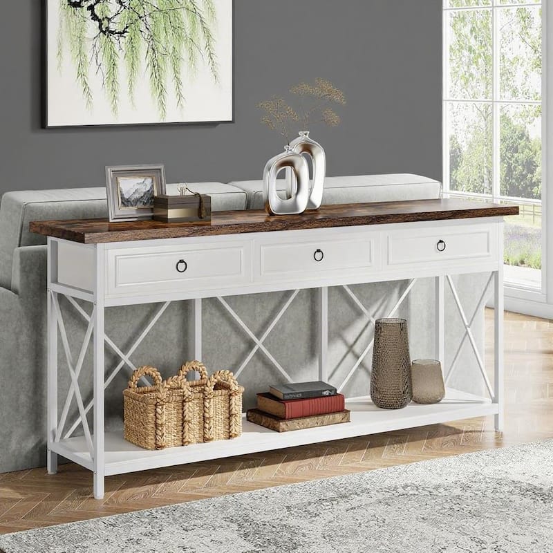 Farmhouse Console Table 71 Inch Wood Entryway Hallway Living Room Sofa Table with 3 Drawers and Bottom Shelf