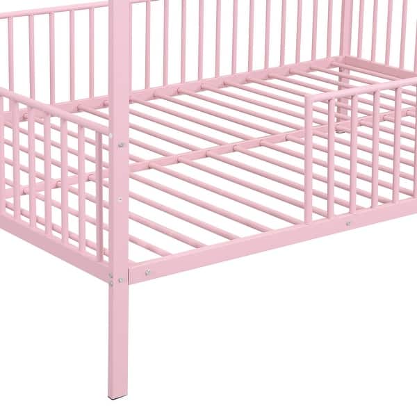 slide 2 of 32, House-Shaped Design Full Size Metal Platform Bed with Fence and Trundle Pink