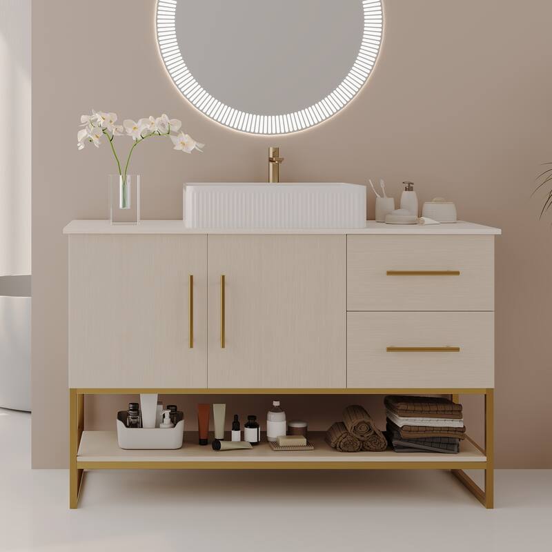 47.2" Modern Bathroom Vanity with Ceramic Vessel Sink - Ameican White Oak,Gold+White