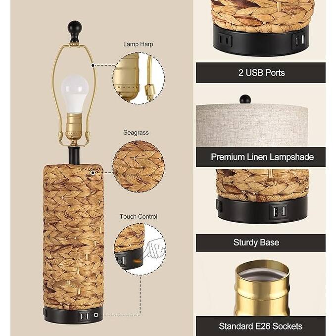 Anmytek Seagrass Table Lamps Set of 2 with USB Charging Ports and Outlet Coastal Farmhouse Style