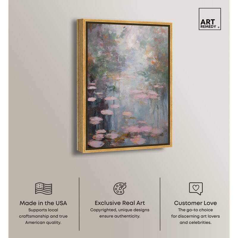 Art Remedy Pink Impressionisty Lilypads Framed Impressionism 1 Piece Canvas Wall Art /Monet And Van Gogh Inspired Art