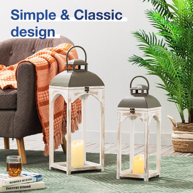 Glitzhome Set of 2 Farmhouse Church Style Hanging Candle Holders Wooden Lanterns Fall Wedding Decor