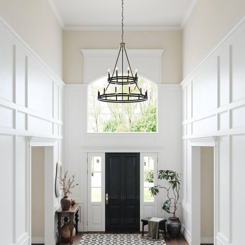 Acroma 20 - Light Living Room Steel Candle Style Wagon Wheel Chandelier - 39.5'' W x 39.5'' D x 47.5'' H