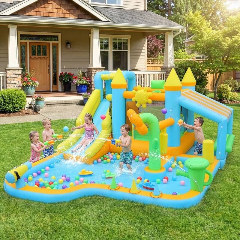 Oxford Cloth Inflatable Castle In Blue Garden Theme Bounce House With Slide, Trampoline And Playhouse - N/A