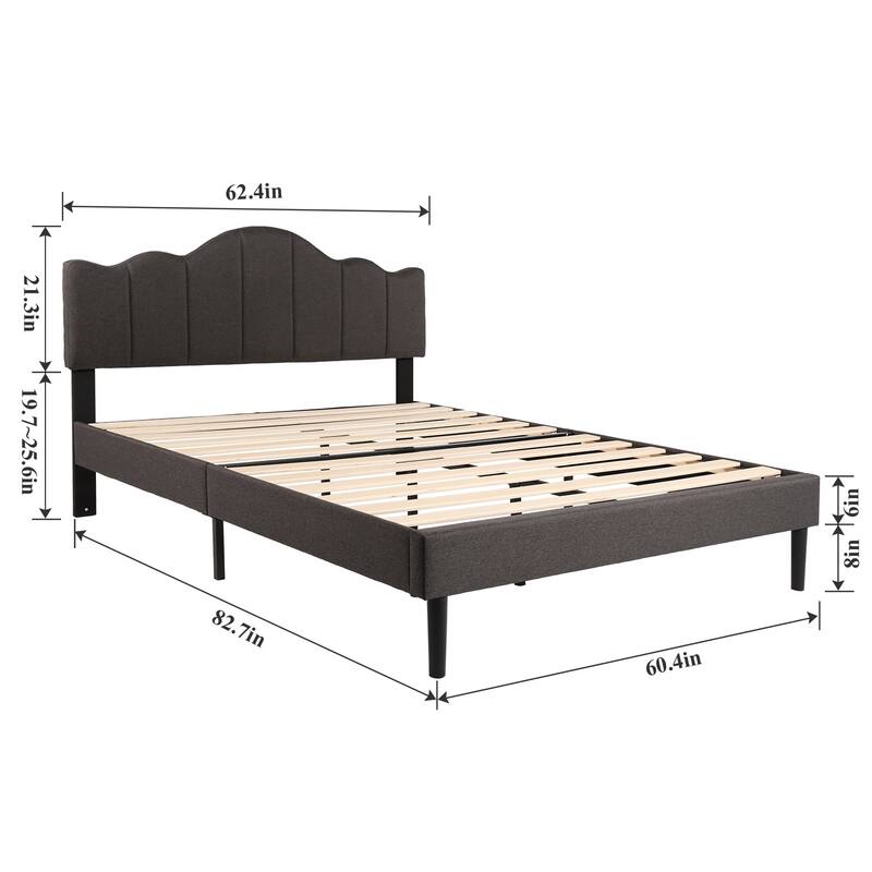 VECELO Modern Upholstered Bed with Curved Height Adjustable Headboard,Dark Grey