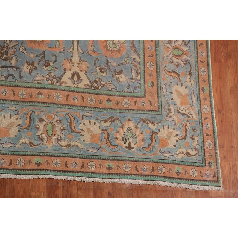 Distressed Tabriz Persian Area Rug Floral Hand-Knotted Wool Carpet - 9'4"x 12'4"