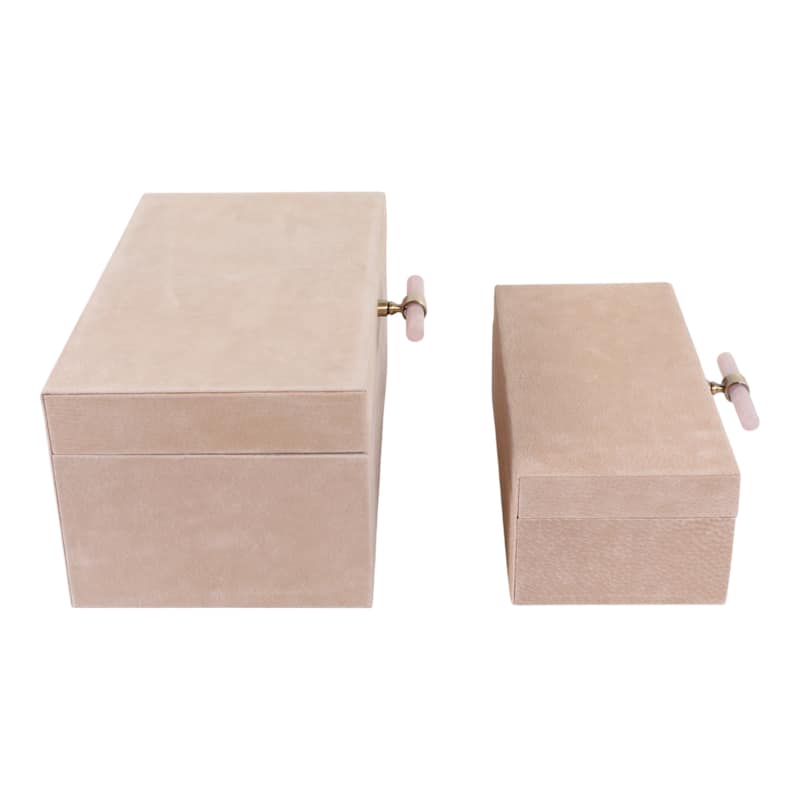 Chic Suede Boxes with Lid and Stone Handle - Set of 2, 14",12", Tan - 14.0"