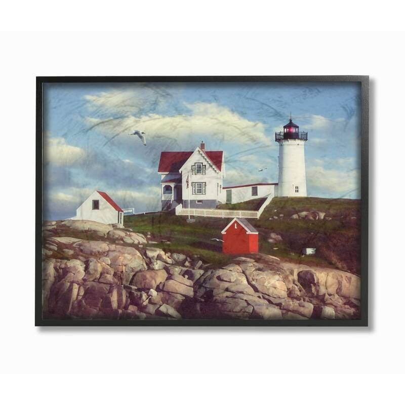 Stupell Nubble Break Water Rocks White Lighthouse with Seagull Framed Art, 11x14, Proudly Made in USA - 16 x 20
