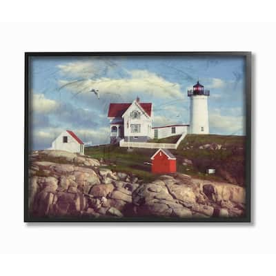 Stupell Nubble Break Water Rocks White Lighthouse with Seagull Framed Art, 11x14, Proudly Made in USA