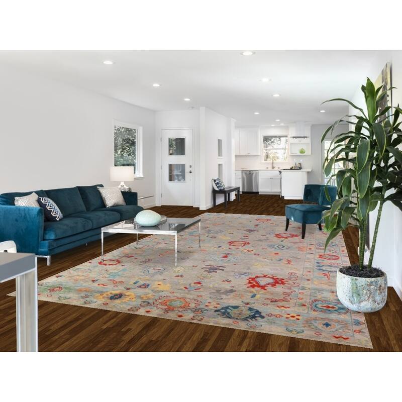 All-Over Gray Oushak Indian Large Rug Handmade Wool Carpet - 7'11" x 15'6"