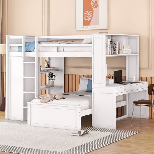 slide 2 of 33, Full Size Loft Bunk Bed with Twin Stand-alone Bed, Shelves, Desk and Wardrobe White