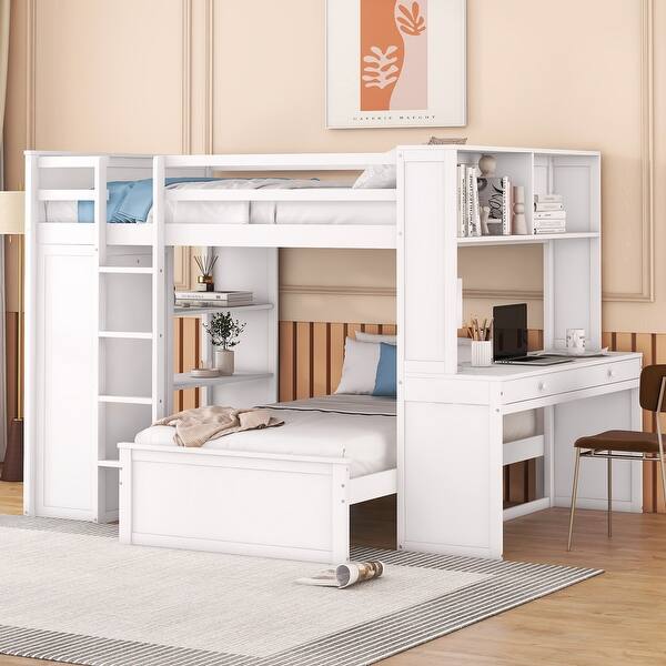 slide 2 of 42, Full Size Wooden Loft Bed with Stand-Alone Bed, Shelves, Desk & Wardrobe - Functional & Stylish White