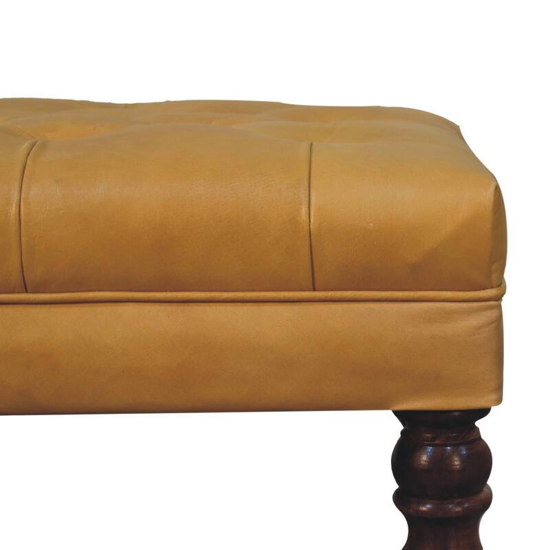 Artisan Furniture Solid Wood Honey Caramel Buffalo Ash Black Leather Ottoman with Castor Legs