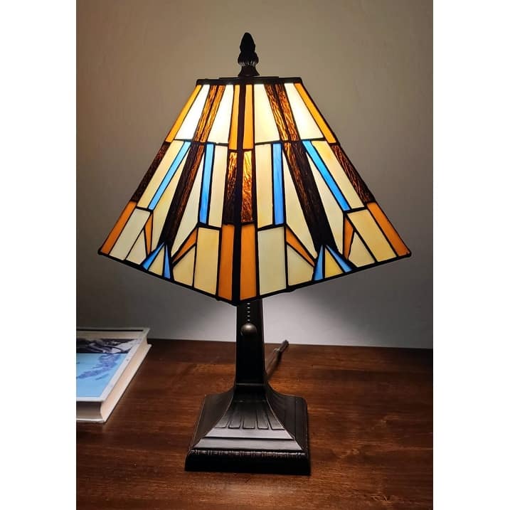 Tiffany Style Mini Accent Lamp Mission Bedside Nightstand Handmade Pull Chain 15" Tall 8" Wide Gift AM100TL08B Amora Lighting