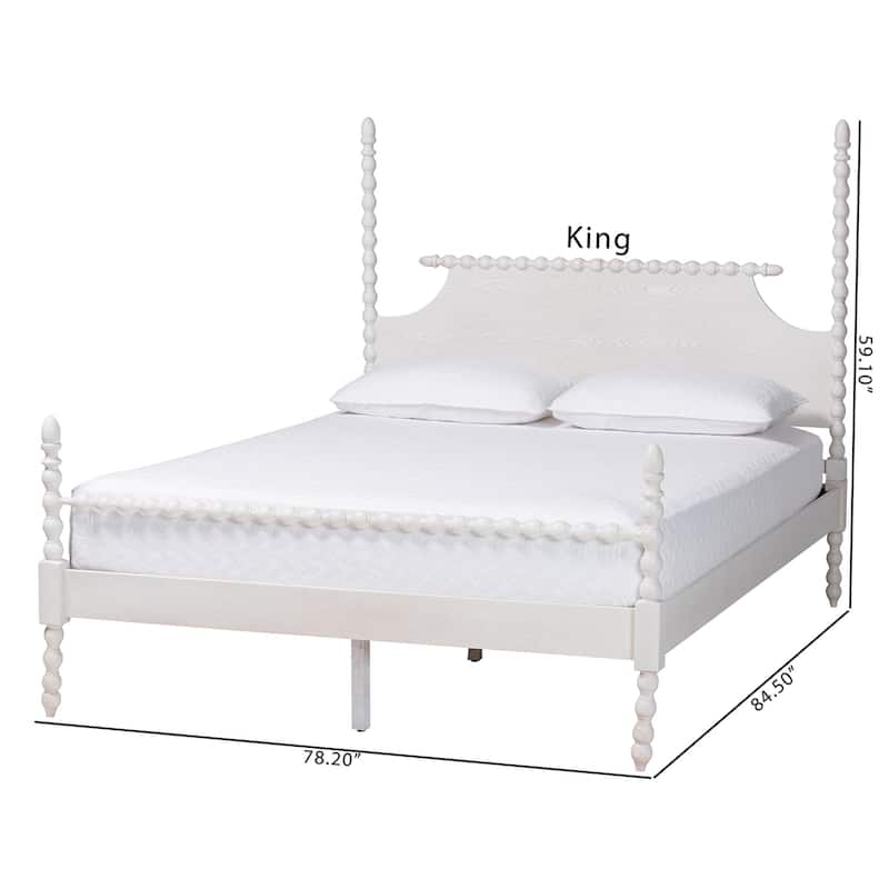 Caliana Bobbin Four-Poster Platform Bed - Wooden Bed Frame with Turned Spindle Posts and Panel Headboard, Vintage-Inspired Style