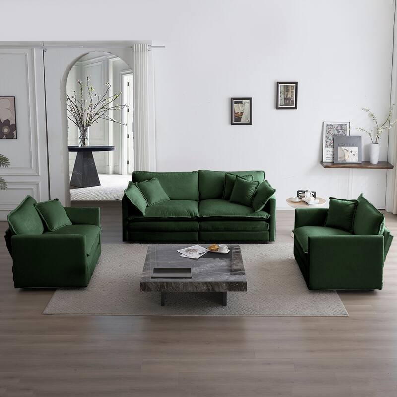 4-Seat Chenille Sofa Set with 2 Armchairs & 2-Seater - Green