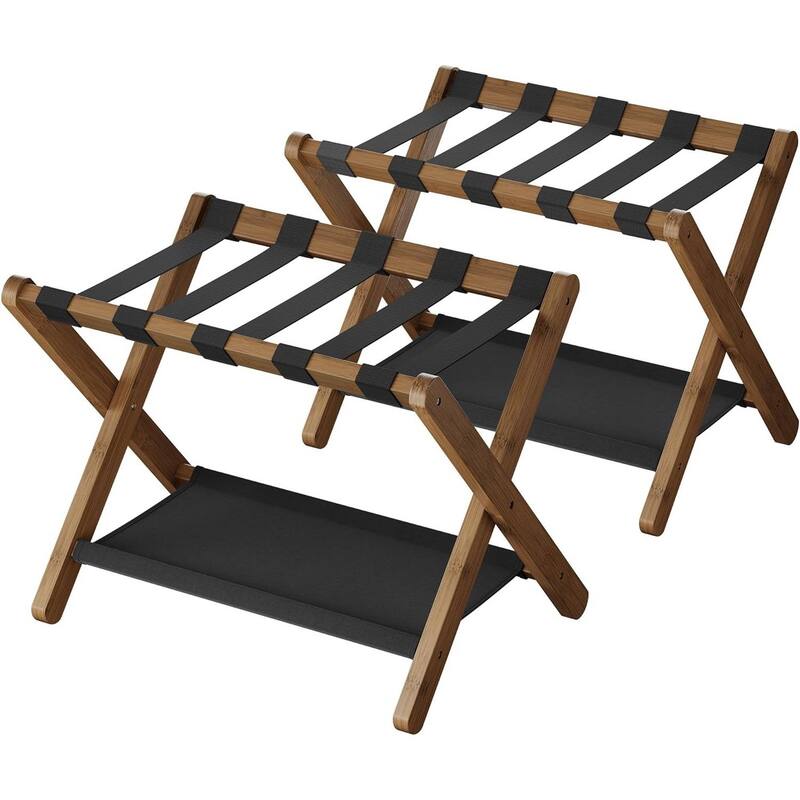 Wood Luggage Rack with Shelf Foldable Suitcase Stand with Nylon Straps for Guest Room or Hotel - 2-Piece - Walnut