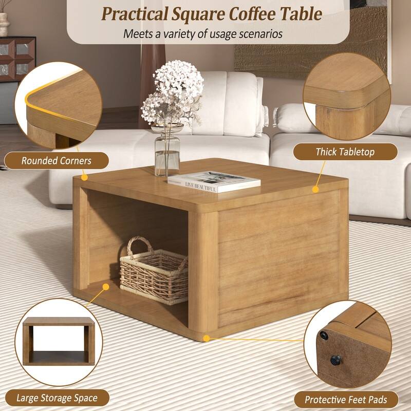 Square Coffee Table,Farmhouse Coffee Table with Storage,2-Tier Center Table with Half Open Storage Compartment