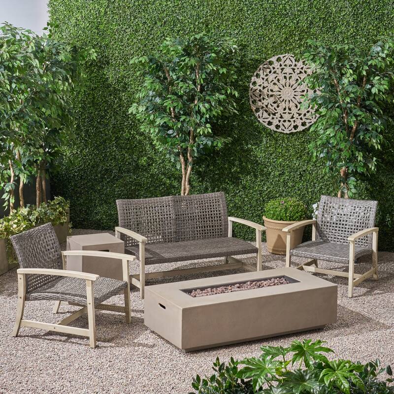Augusta Outdoor Acacia Wood and Wicker 4 Seater Chat Set with Fire Pit by Christopher Knight Home