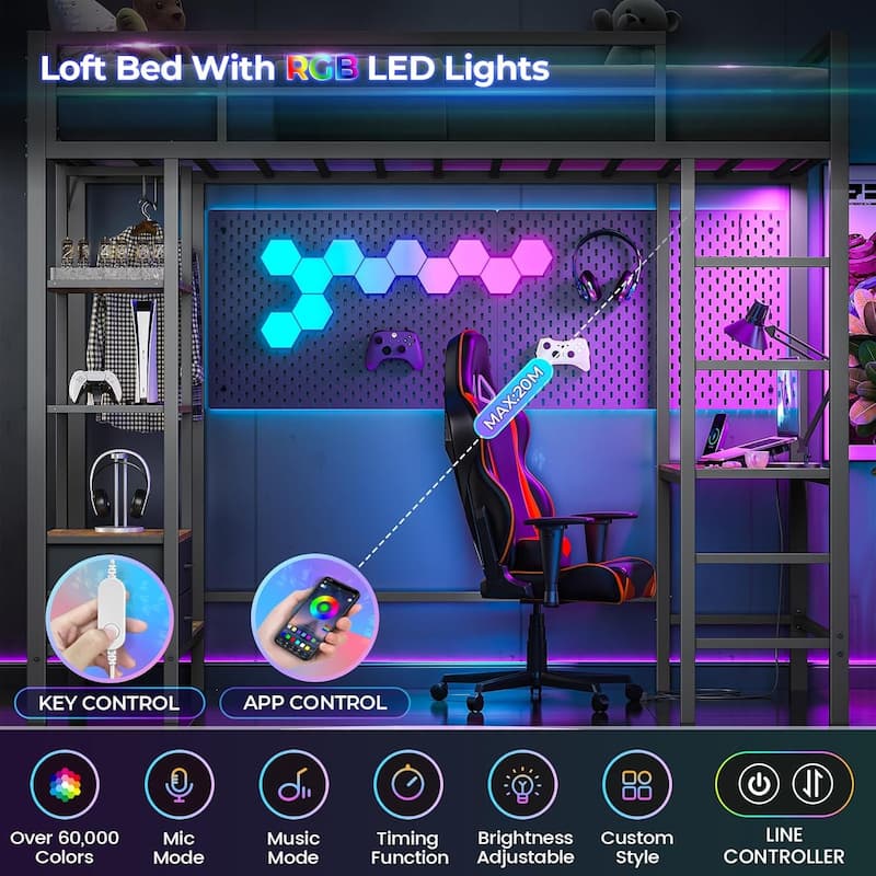 Loft Bed with Desk Gaming Bunk Bed LED Lights Charging Station