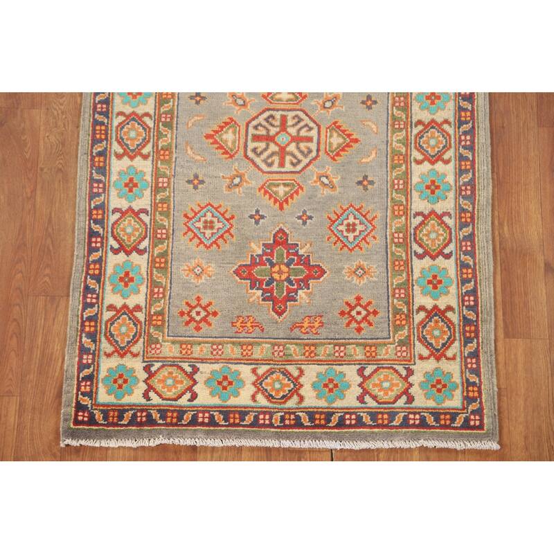 Geometric Kazak Foyer Rug Handmade Grey Wool Carpet - 2'8" x 4'0"