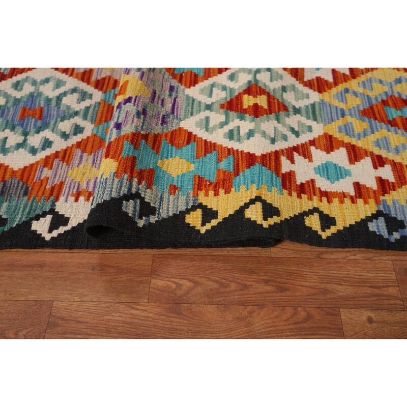 Reversible Kilim Area Rug Hand-Woven Geometric Oriental Wool Carpet - 8'1" x 9'9"
