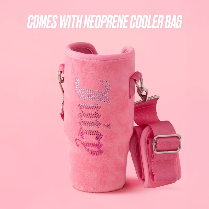 Juicy Couture Jetsetter Hydration Stainless Steel Tumbler with Handle, Straw & Topper with Velour Crossbody Pouch