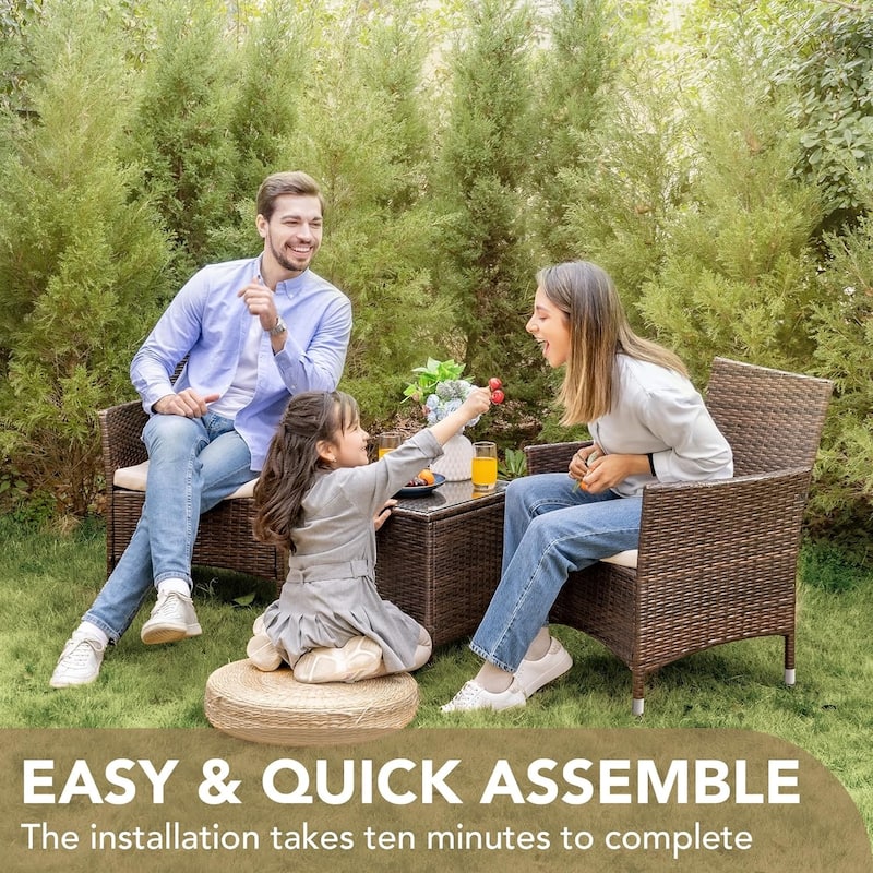 Patio Porch Furniture Sets 3 Pieces PE Rattan Wicker Chairs with Table