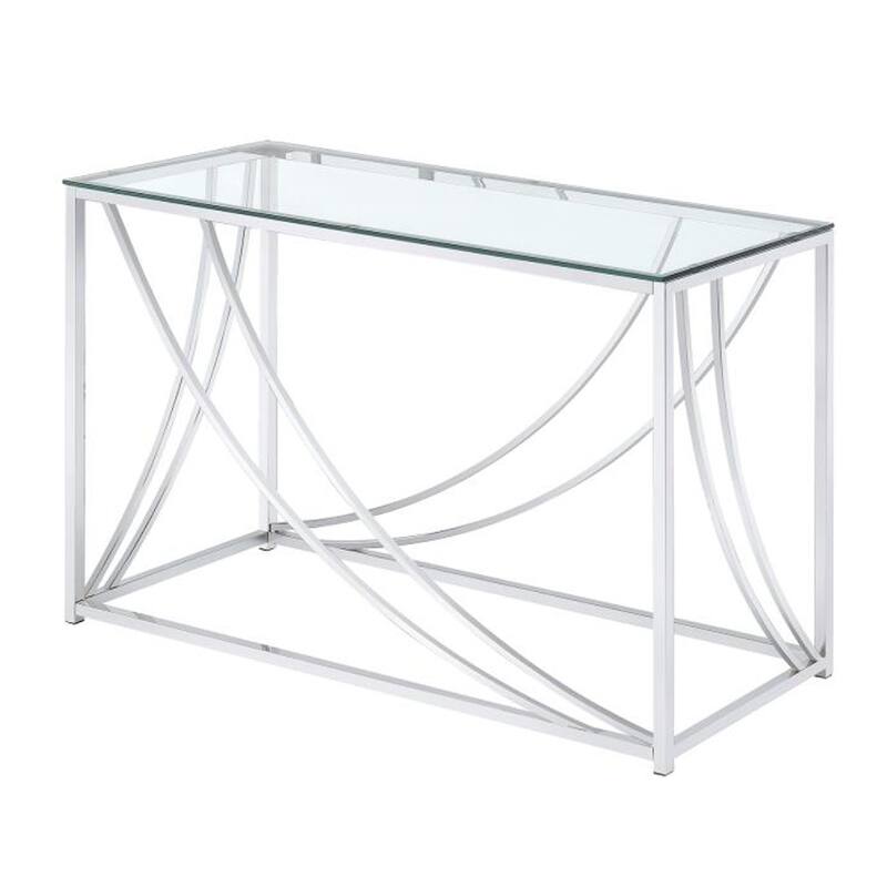Glass Top Rectangular Sofa Table with Swooping Curves, Clear and Silver