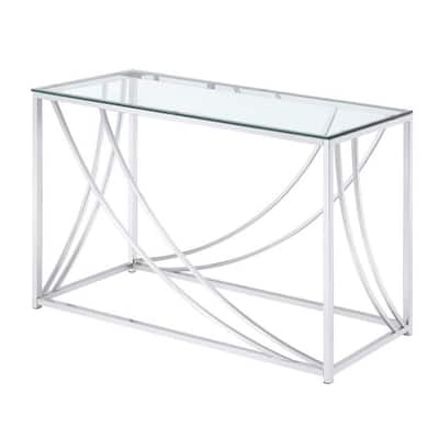 Glass Top Rectangular Sofa Table with Swooping Curves, Clear and Silver