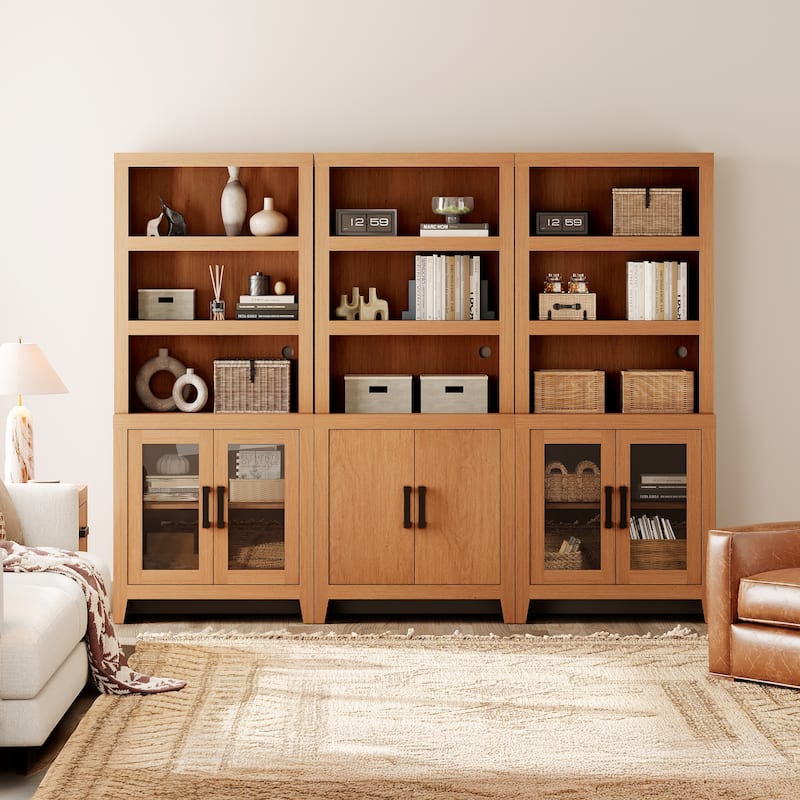 WAMPAT 74" Tall Bookshelf with Glass Doors, Farmhouse Bookcase with Open Shelves