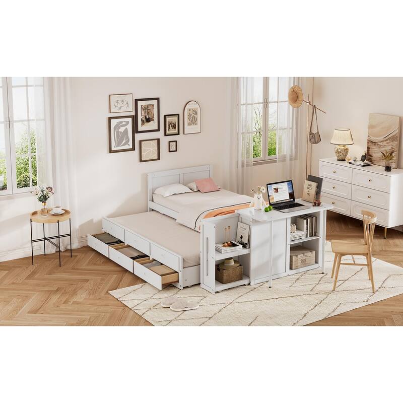 Twin Size Multifunctional Wood Platform Bed with Desk, Storage, and Trundle