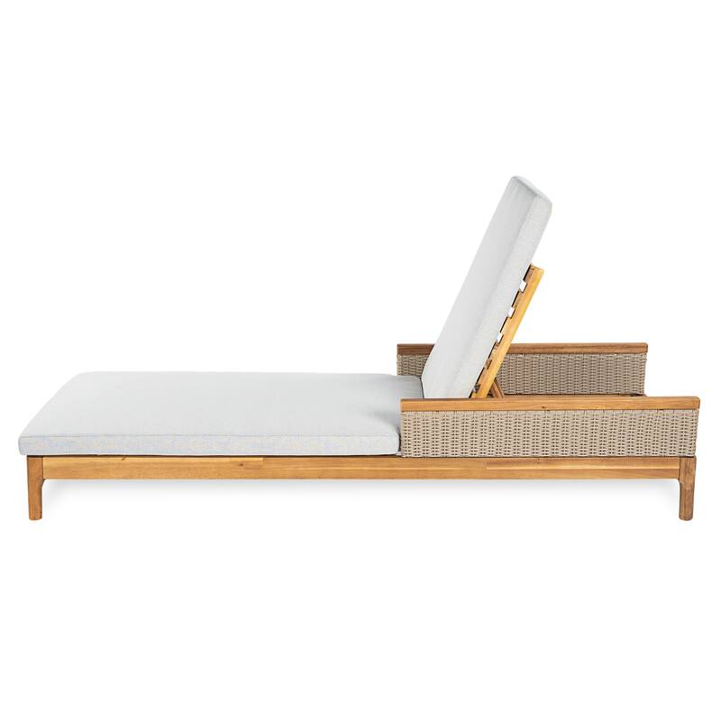 Christopher Knight Home - Solid Acacia Wood Outdoor Chaise Lounge with 4-Position Adjustable Backrest & Woven Rattan Accents