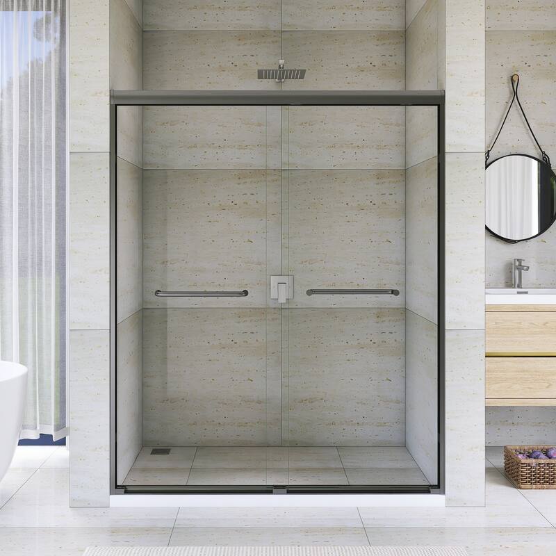 Double Sliding Framed Shower Door in Matte Black Finish - 60'' x 0.25'' x 72'' - Gun Ash