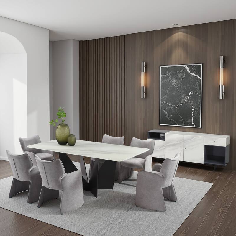 Olivia Modern 8-Piece Dining Set with Tempered Glass Table, Upholstered Armchairs, and 3-Door Sideboard - Grey