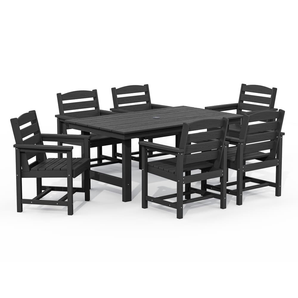 7-Piece HDPE Outdoor Dining Table Sets with Umbrella Hole - 1-Table 6-Chairs