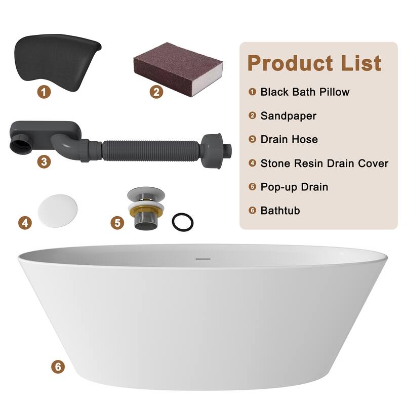CASAINC 67" Resin Stone Solid Surface Soaking Stand Alone Bathtub Freestanding Bathtub in Matte White - 67 inch