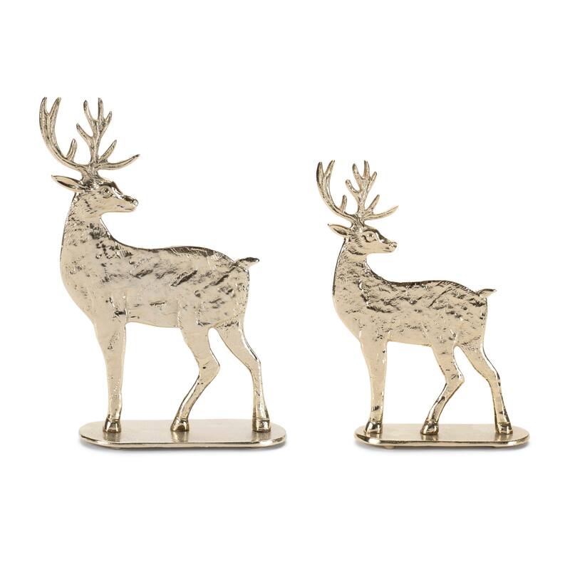 Set of 2 Gold Metal Deer Figurines for Christmas Decor Rustic Holiday Shelf or Mantel Accents - 6.75”L x 2.5”W x 9”H