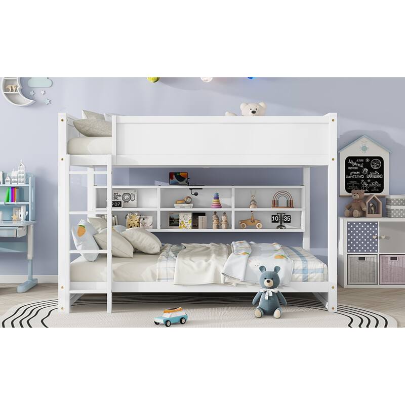 Roomfitters Queen Over Queen Bunk Bed with Storage Cabinets and Charging Station, Solid Pine Wood Bunk Bed