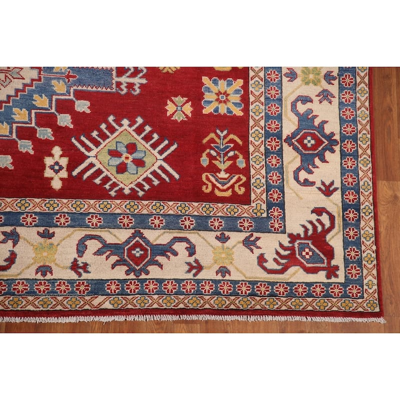 Red Geometric Kazak Oriental Area Rug Handmade Wool Carpet - 9'0"x 11'11"