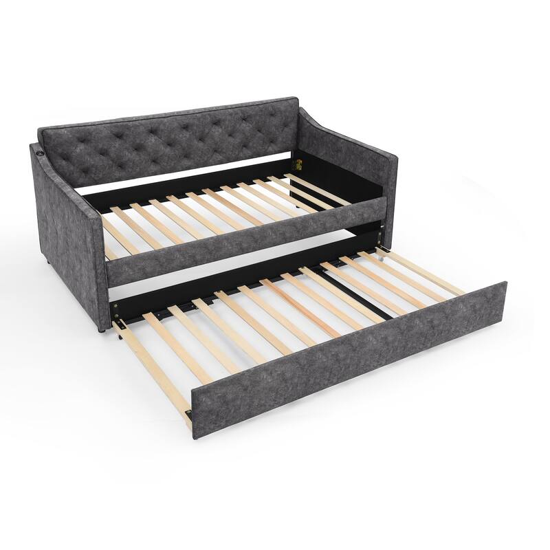 Roomfitters Twin Daybed with Pop-Up Trundle, Upholstered Sofa Bed Frame with USB Charging, Grey