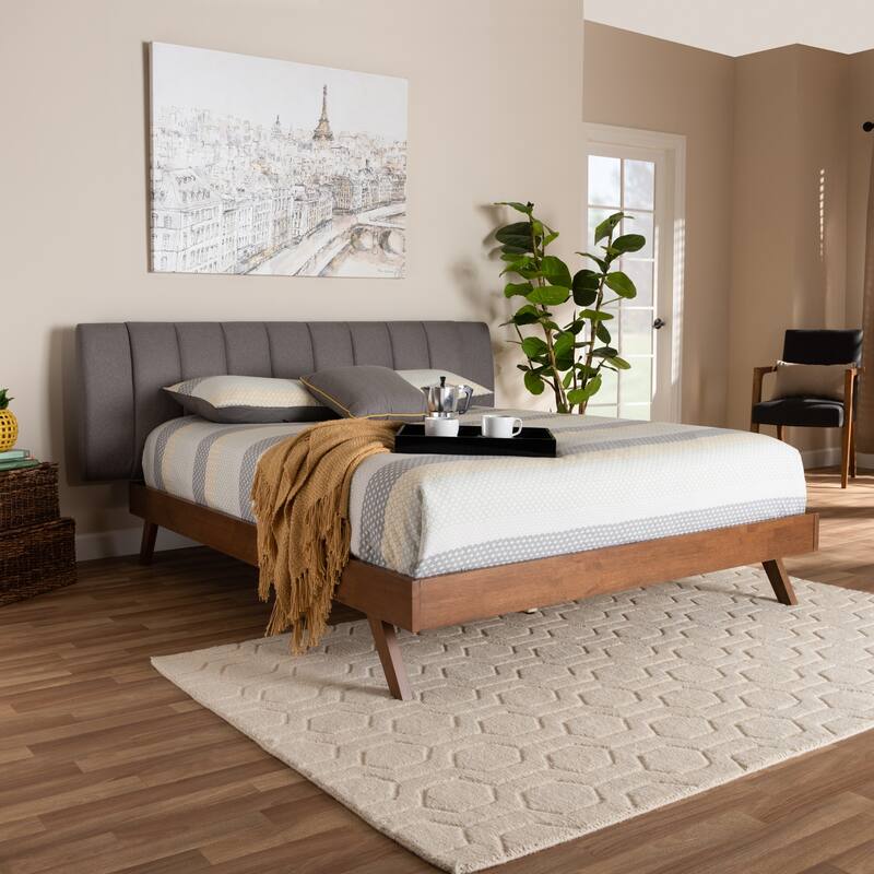 King Size Bed Grey Fabric Upholstered Wood Frame Modern Bedroom Furniture