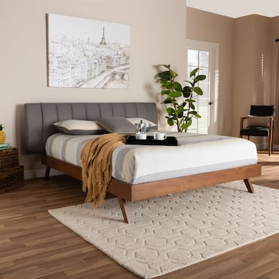 King Size Bed Grey Fabric Upholstered Wood Frame Modern Bedroom Furniture
